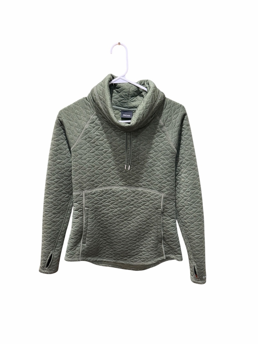 Quilted Funnel Neck Pullover with Thumb Holes - Olive Green